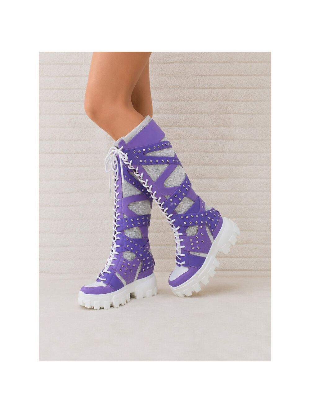 NIB Wang Limited Lilac Purple White Platform Sneaker Knee Boots Hidden Wedge